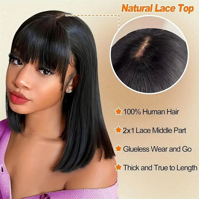 Short Bob Human Hair Wig with Bang Natural