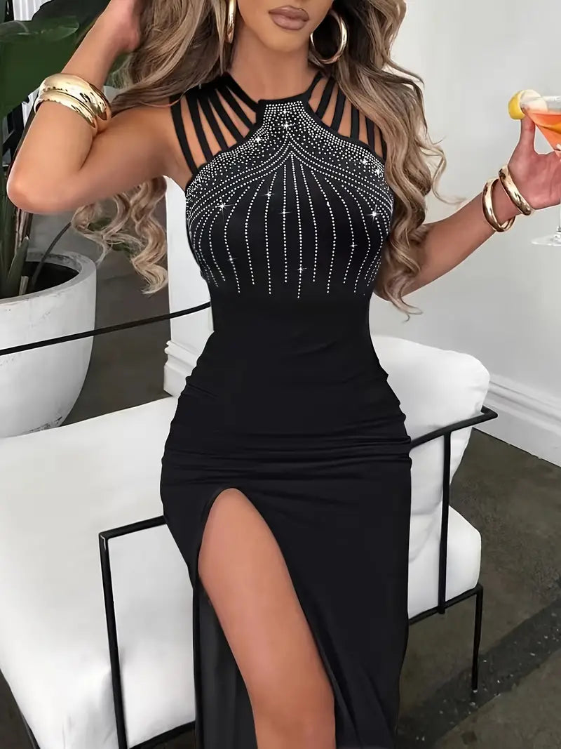 HOT Diamond Bling Christmas Red / Black Holiday Party Dress Long With Split