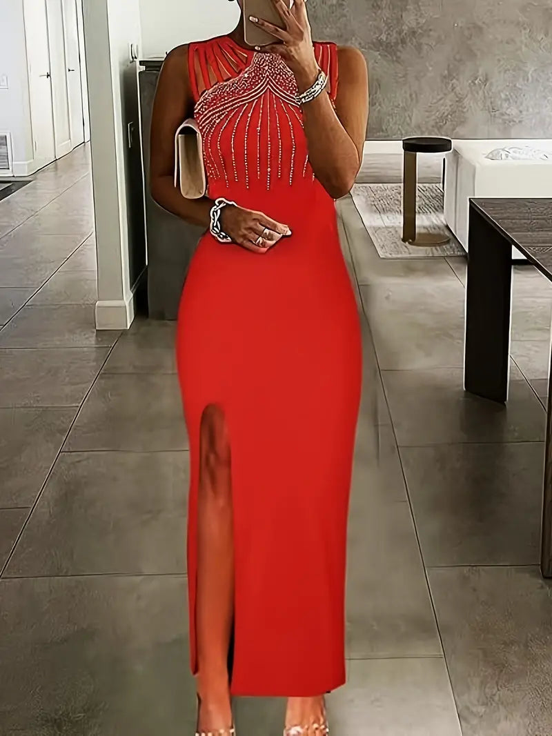 HOT Diamond Bling Christmas Red / Black Holiday Party Dress Long With Split