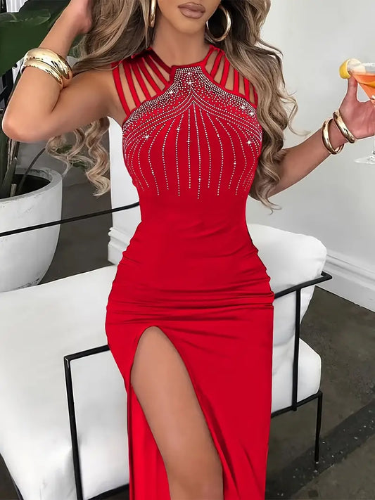 HOT Diamond Bling Christmas Red / Black Holiday Party Dress Long With Split