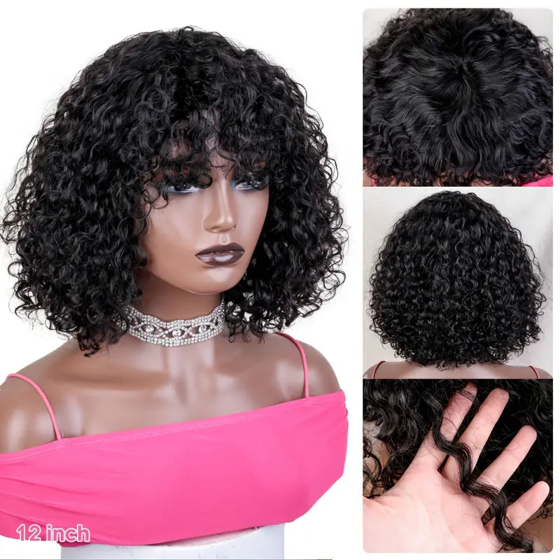 Wigs:  Short Human Hair Natural Wig With Bangs Jerry Curly 150 Density
