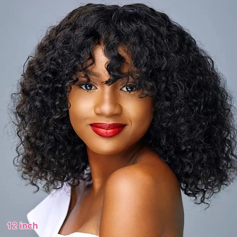 Wigs:  Short Human Hair Natural Wig With Bangs Jerry Curly 150 Density