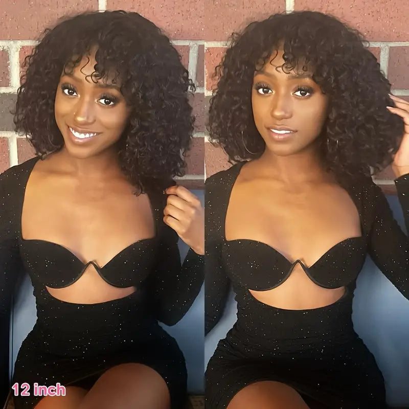 Wigs:  Short Human Hair Natural Wig With Bangs Jerry Curly 150 Density