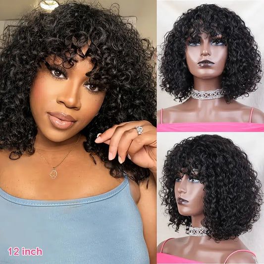 Wigs:  Short Human Hair Natural Wig With Bangs Jerry Curly 150 Density