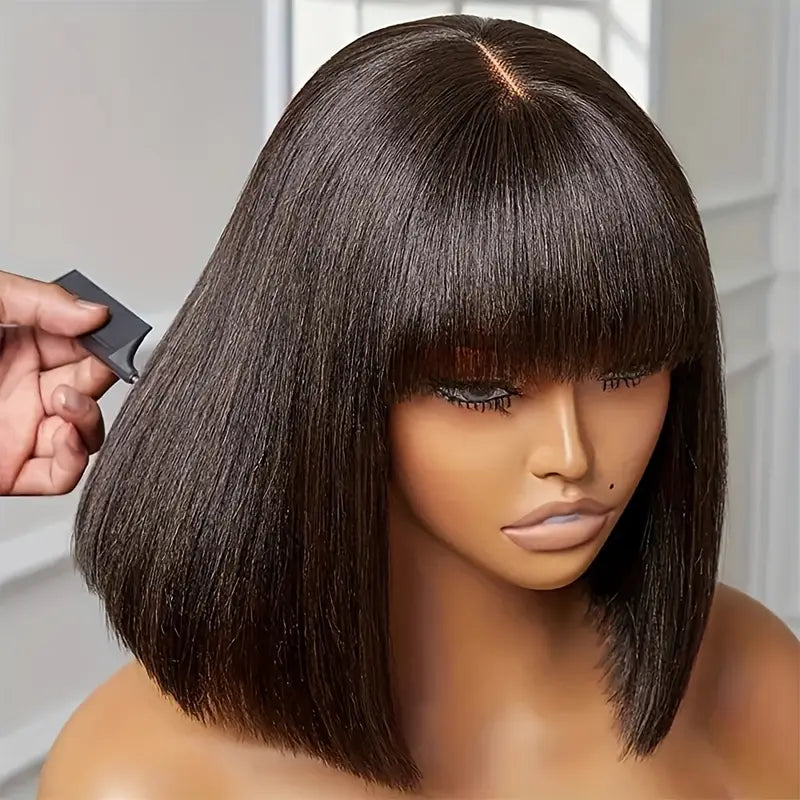 Short Bob Human Hair Wig with Bang Natural