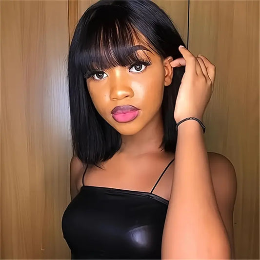 Short Bob Human Hair Wig with Bang Natural