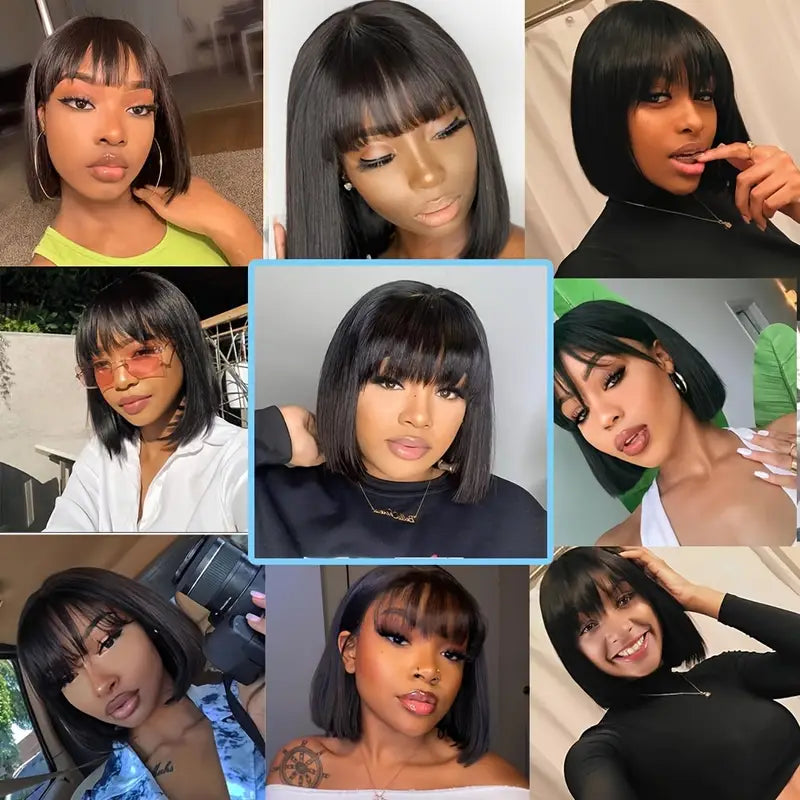 Short Bob Human Hair Wig with Bang Natural