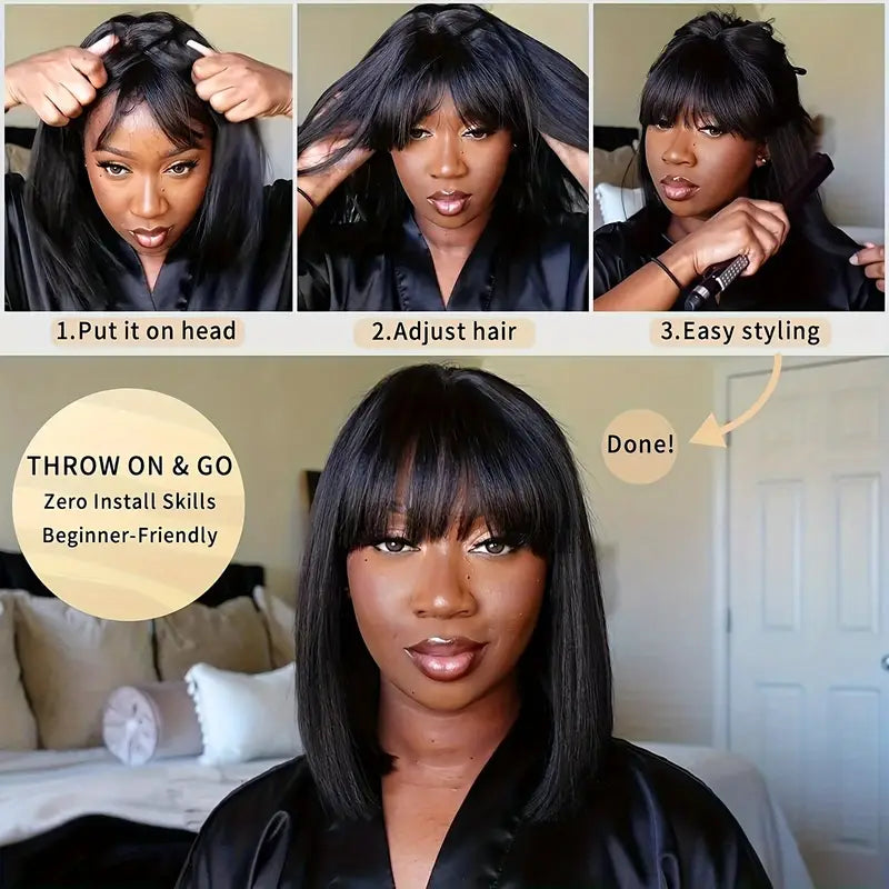 Short Bob Human Hair Wig with Bang Natural