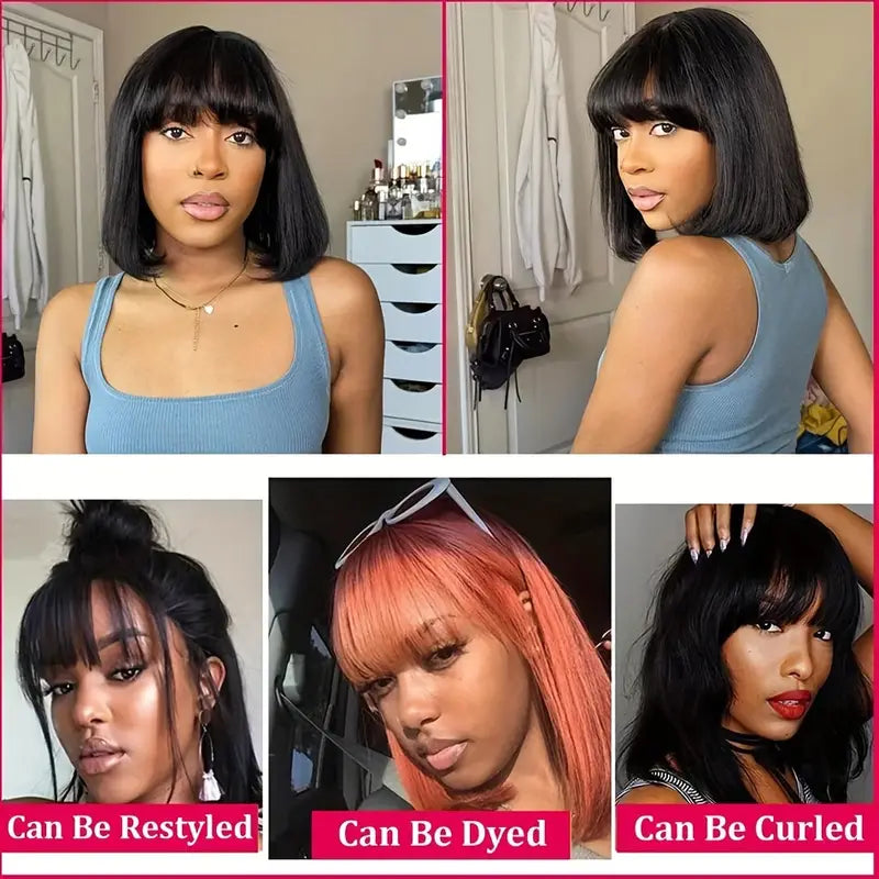 Short Bob Human Hair Wig with Bang Natural