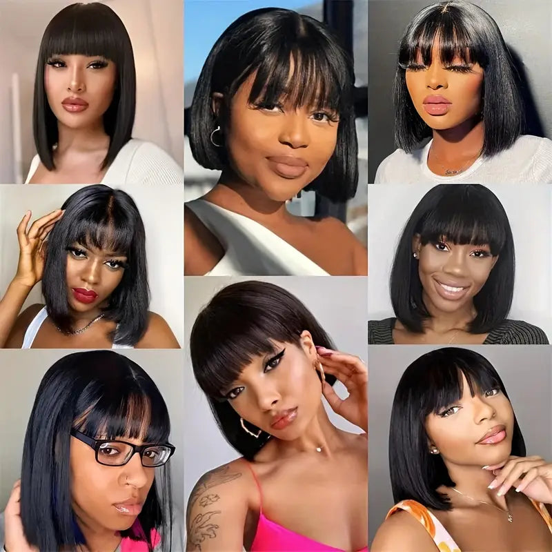 Short Bob Human Hair Wig with Bang Natural