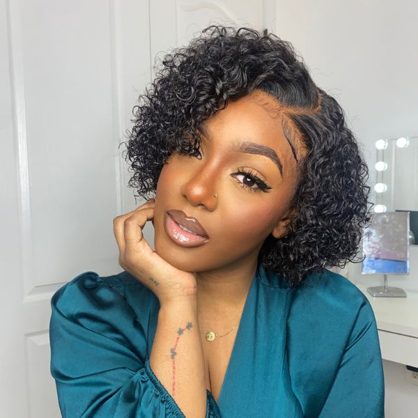 Deep Curly Short cut  Virgin Human Hair Undetectable Lace HD lace Wig 8 inch