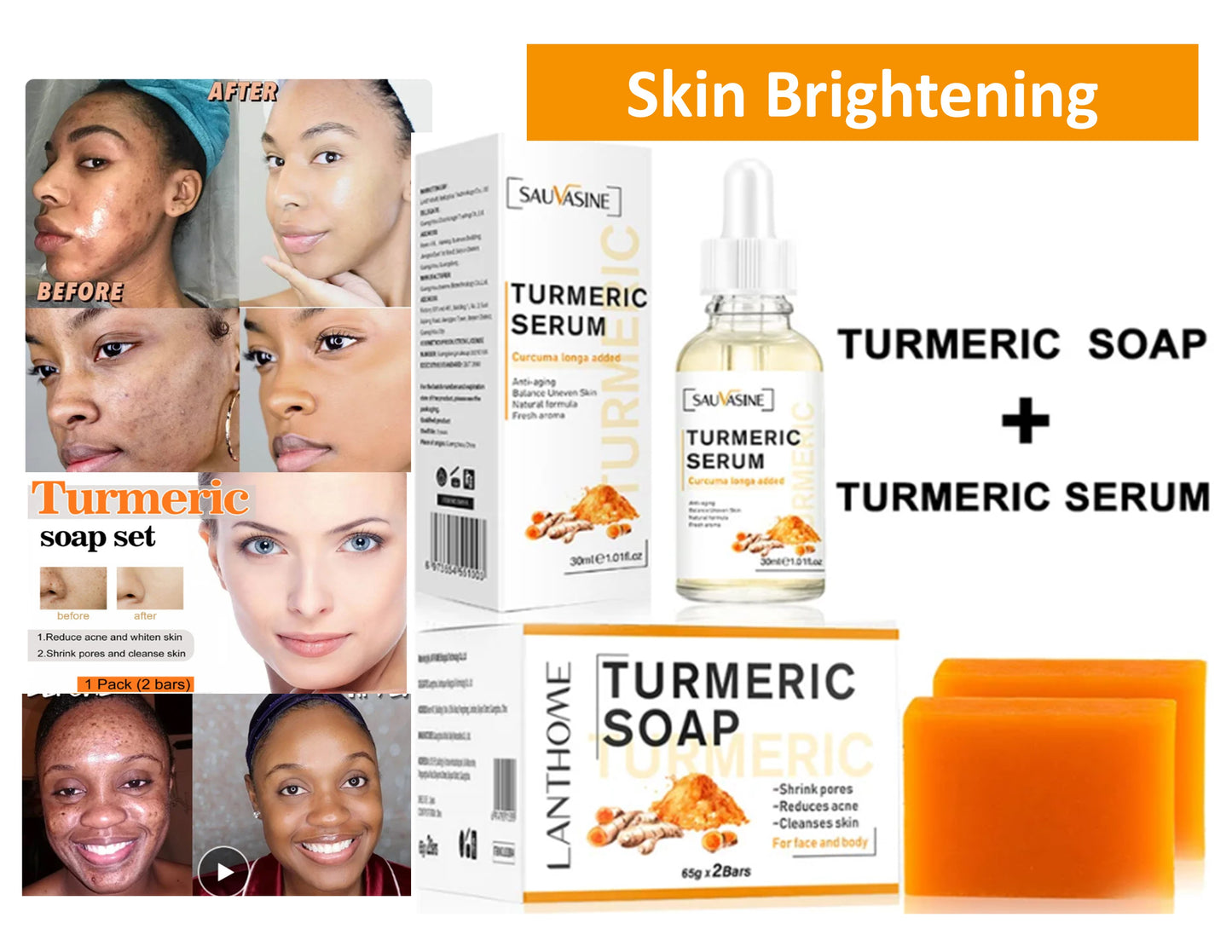 Natural Handmade Removing Acne Tumeric Soap &  Skin Brightening Serum