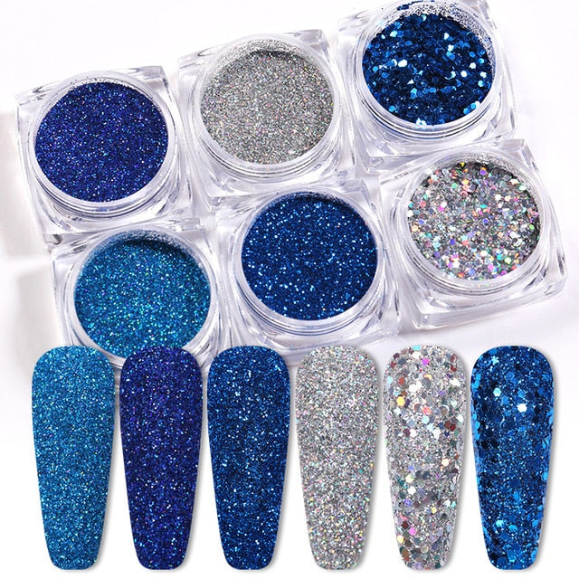 Blue Red Nail Powder Eyeshadow Pigment Holographics Spangle Nail Glitter 6 piece set  Shimmer Shining Chrome Dust Decoration
