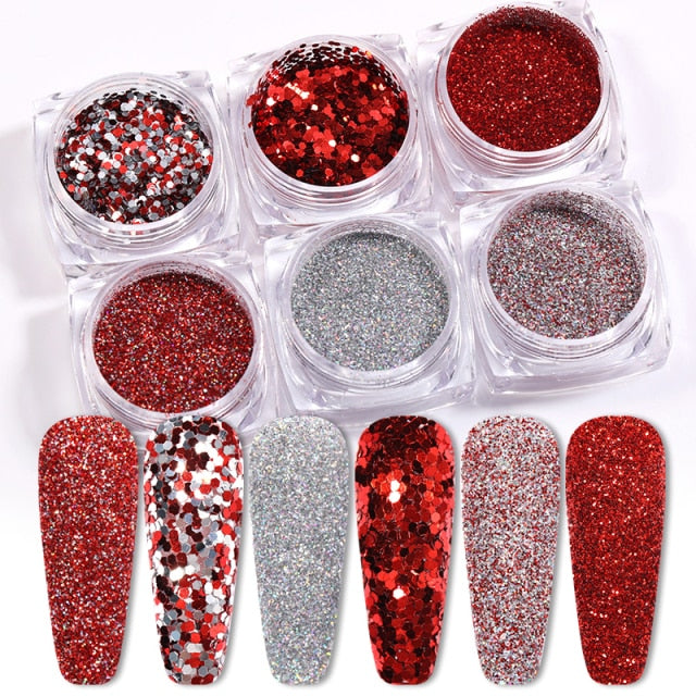 Blue Red Nail Powder Eyeshadow Pigment Holographics Spangle Nail Glitter 6 piece set  Shimmer Shining Chrome Dust Decoration