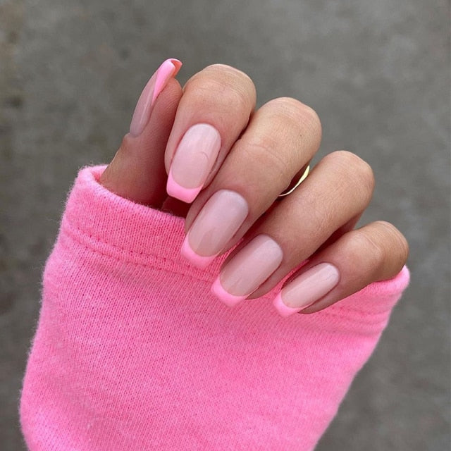 Charming Pink Flame Short Ballet Wearable Fake Nails press on Square Head Full Cover Detachable Finished Fingernails