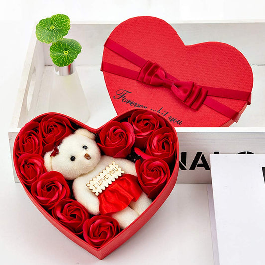 Artificial Heart-Shaped Roses Flowers &  Bear Valentine Gift Box