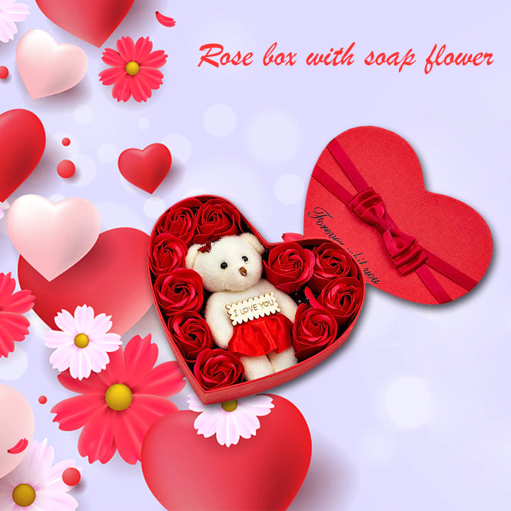 Artificial Heart-Shaped Roses Flowers &  Bear Valentine Gift Box